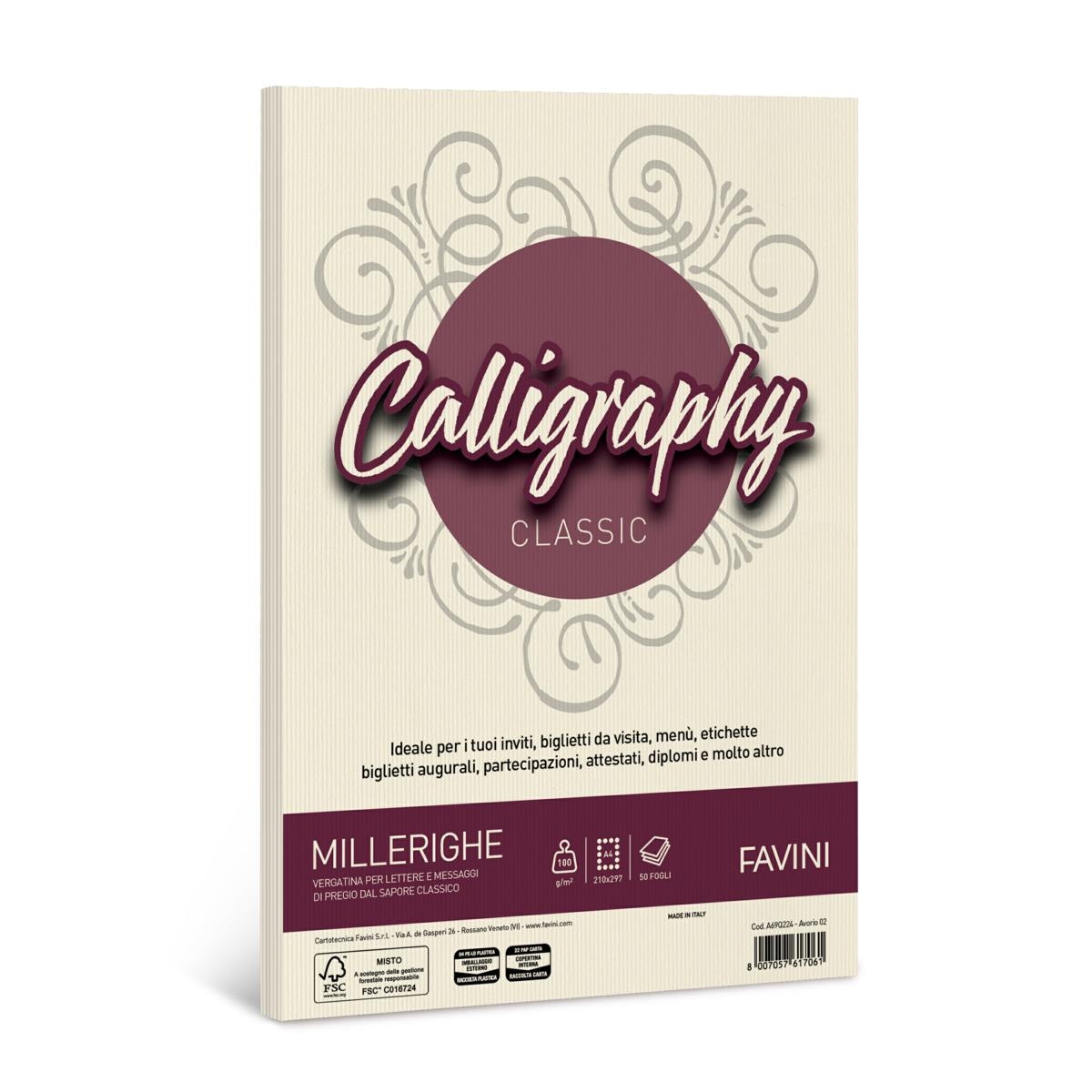 Carta MILLERIGHE A4 AVORIO 100 Gr. 50 fg. Calligraphy FAVINI